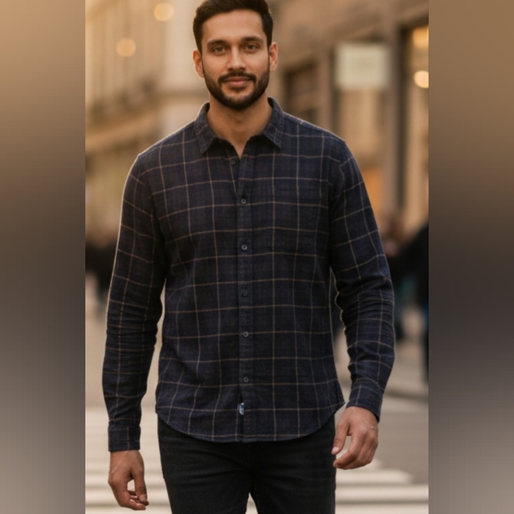 Vince Men M Brown Blue Windowpane Design Long Sleeve Button Up Casual Shirt